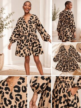 ASOS Design 100% Cotton Leopard Print V-Neck Long Sleeve Mini Dress